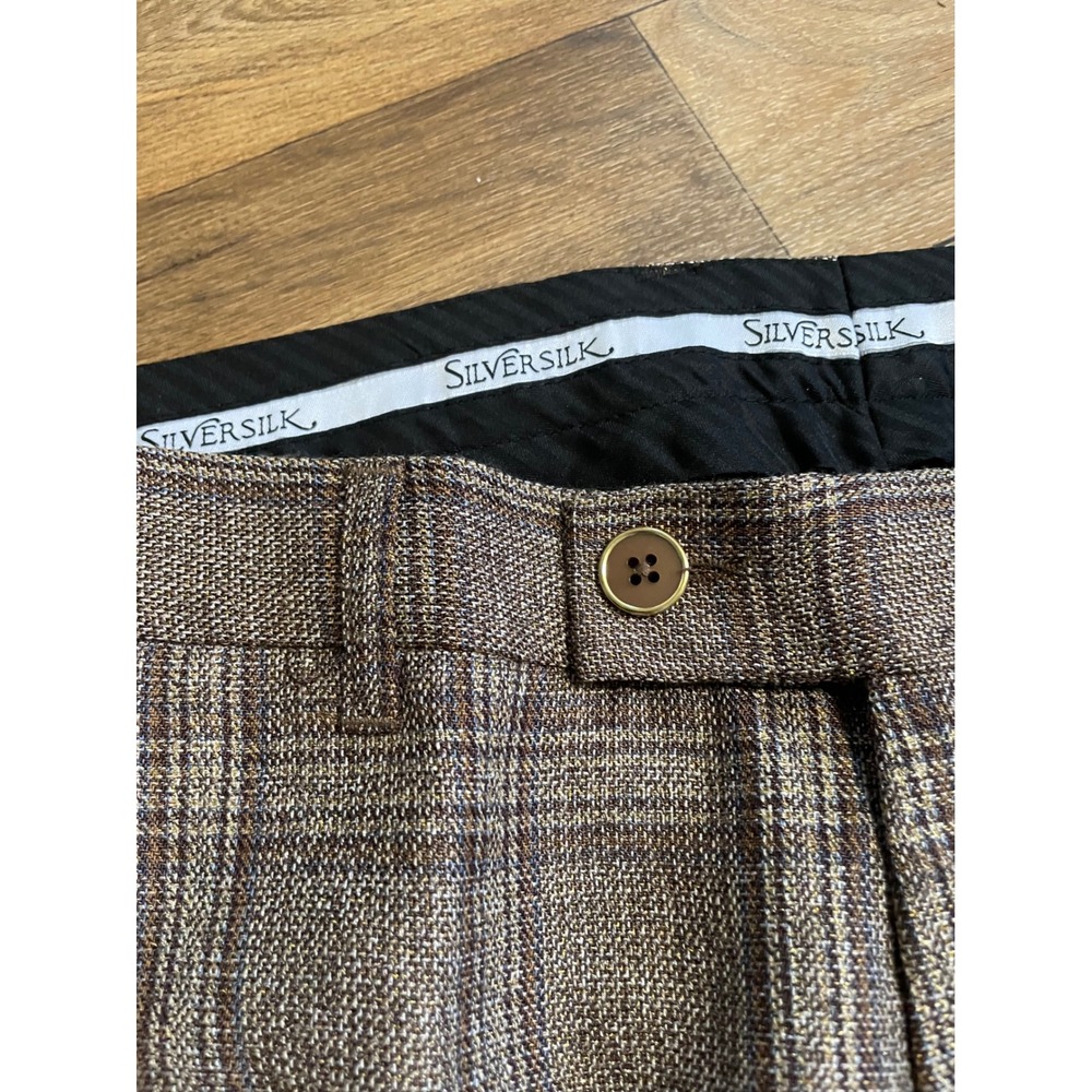 SilverSilk Mens Brown Plaid Dress Pants 38x34 Flat Front Trousers NWT - Picture 3 of 8